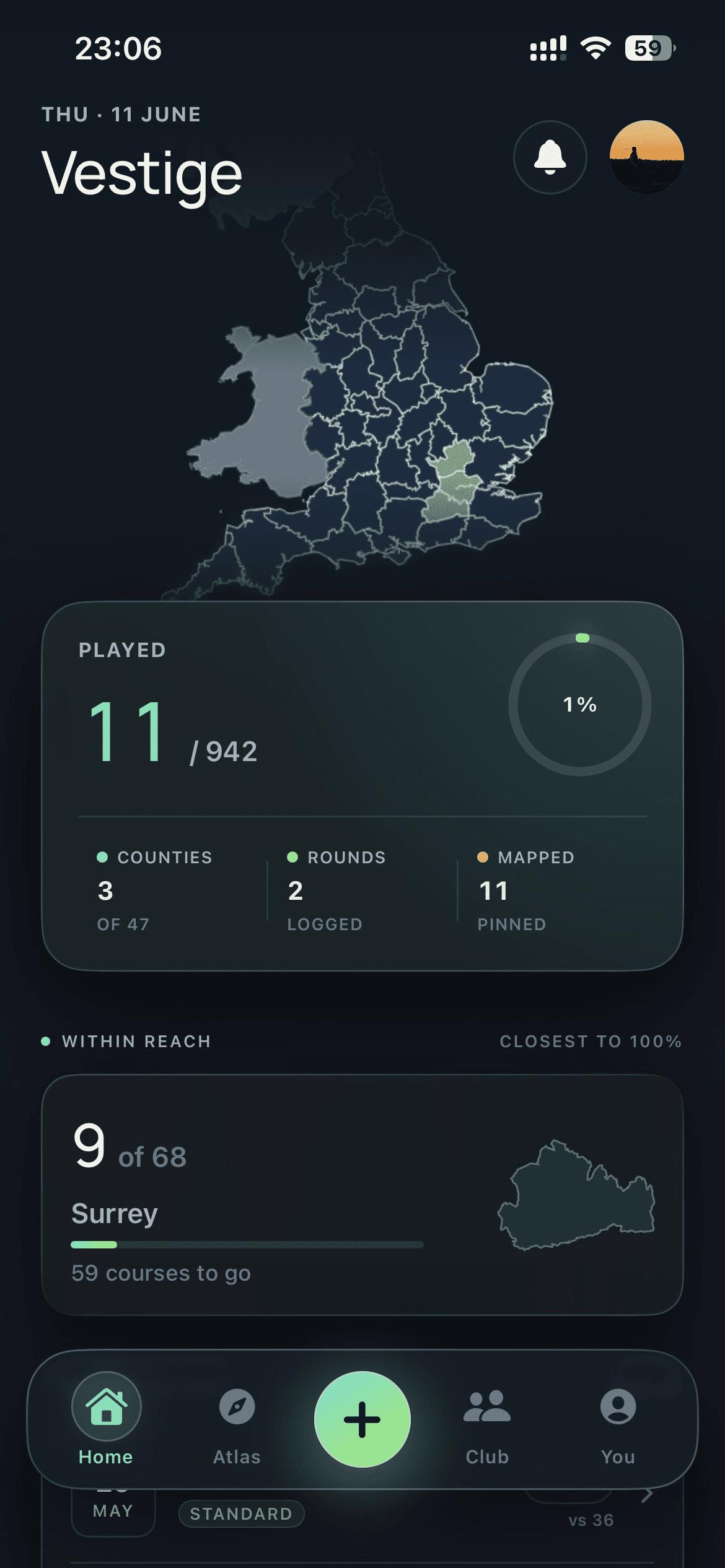 The Vestige home screen on the closed beta: a county map of England with the collection filling in, 11 of 942 courses played, Surrey within reach at 9 of 68.